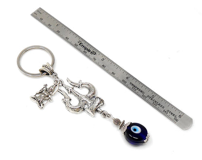 Lord Shiva Trishul & Shiva Cahrm and OM Evil Eye Protection Key Ring, Mahadeva Trishul Pendant Key Chain for Positive Vibes and Good Luck
