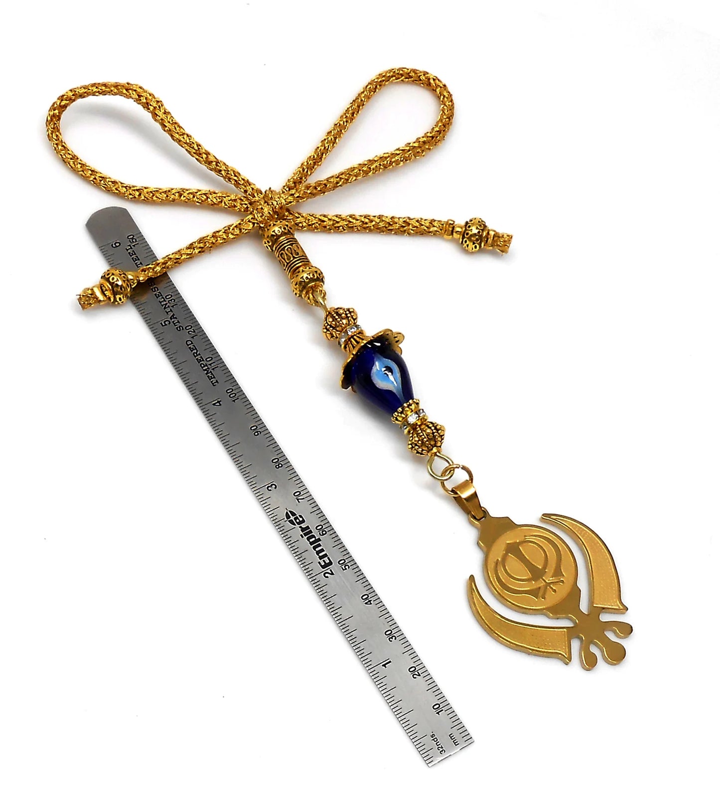 Golden Khanda Car Hanging Ornament, Sikh Evil Eye Protection, Rearview Mirror Charm, Spiritual Vastu Amulet, Gold Plated Religious Decor