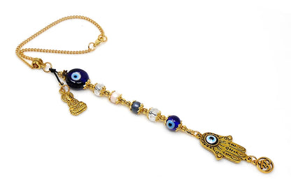 Evil Eye Protection | Hamsa Hand | Antique Golden | Blue Glass Bead | Car Rearview Mirror Ornament | Good Luck Protection | Positive Vibes