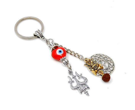 OM & Har Har Mahadev Trishul Charm Evil Eye Protection Key Ring, Shiva Linga Key Ring, Hindu Key Ring, Good Luck Namaste Gift