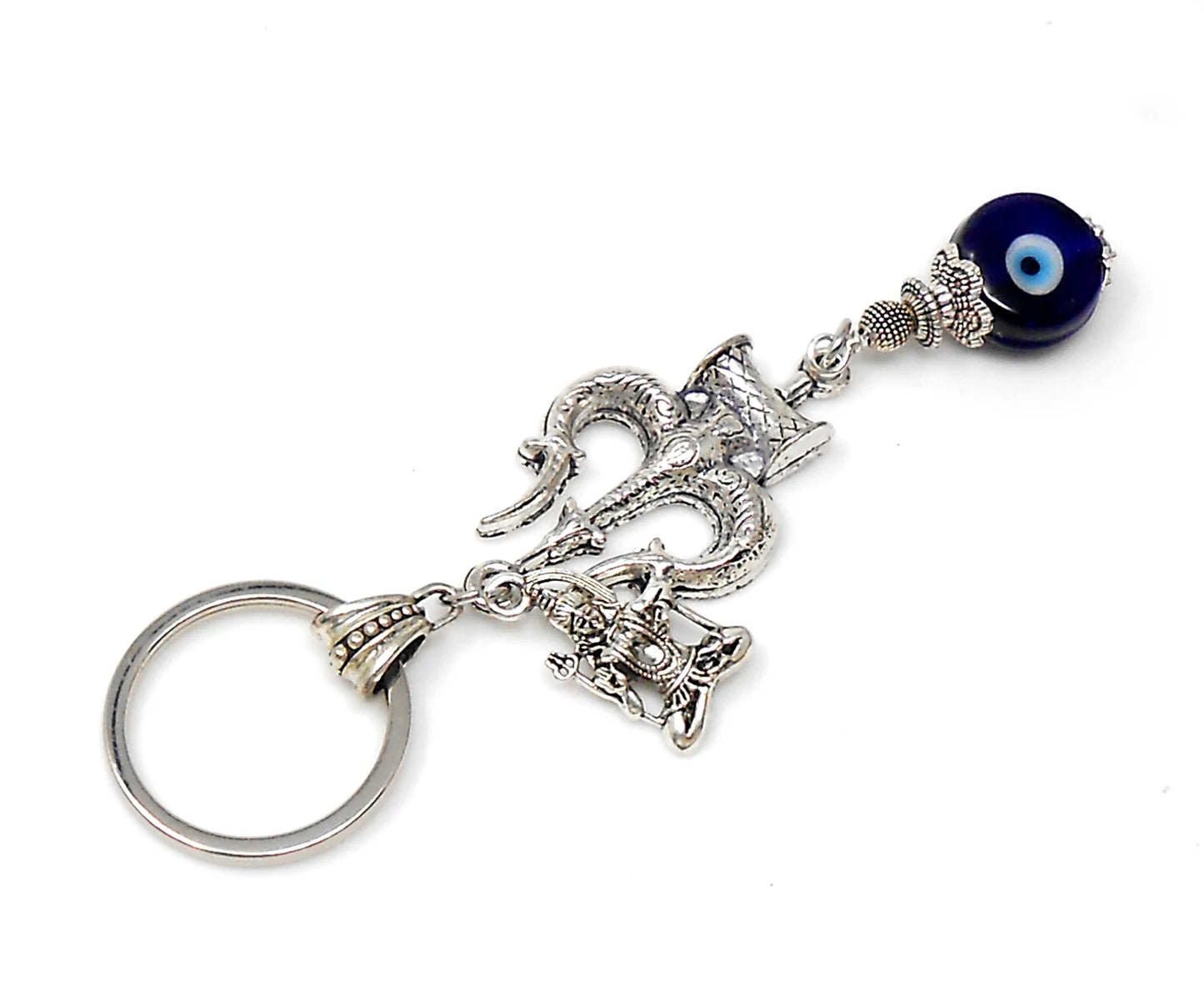 Lord Shiva Trishul & Shiva Cahrm and OM Evil Eye Protection Key Ring, Mahadeva Trishul Pendant Key Chain for Positive Vibes and Good Luck