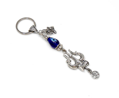 Lord Shiva Trishul & Shiva Cahrm and OM Evil Eye Protection Key Ring, Mahadeva Trishul Pendant Key Chain for Positive Vibes and Good Luck