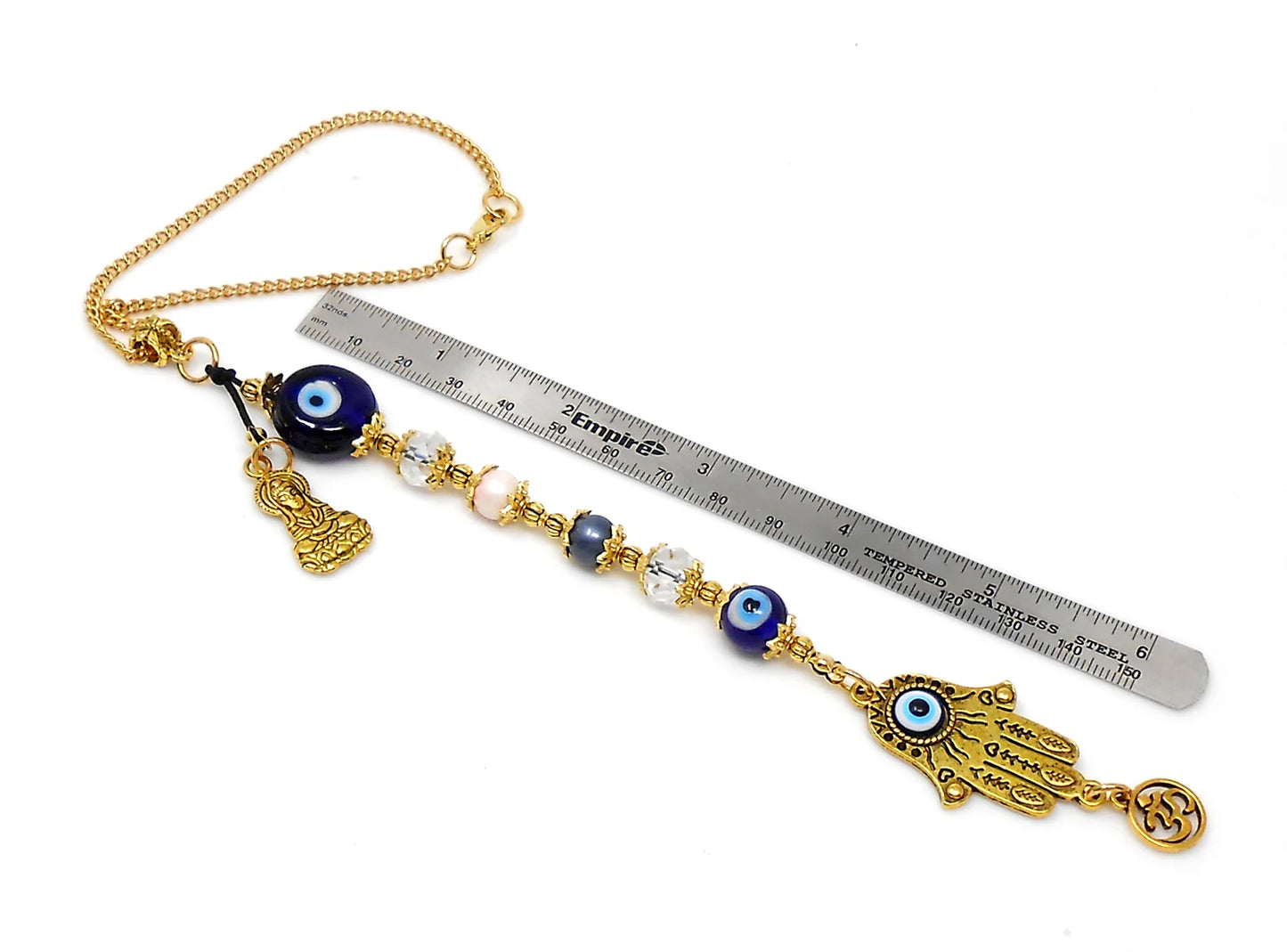 Evil Eye Protection | Hamsa Hand | Antique Golden | Blue Glass Bead | Car Rearview Mirror Ornament | Good Luck Protection | Positive Vibes
