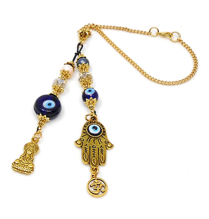 Evil Eye Protection | Hamsa Hand | Antique Golden | Blue Glass Bead | Car Rearview Mirror Ornament | Good Luck Protection | Positive Vibes