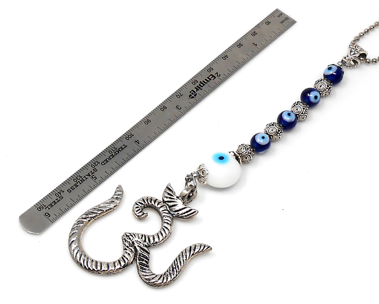 OM | Evil Eye Protection | Antique Silver Plated | Car Rearview Mirror Ornament | Good Luck | Positive Vibes | Positive Vibrations