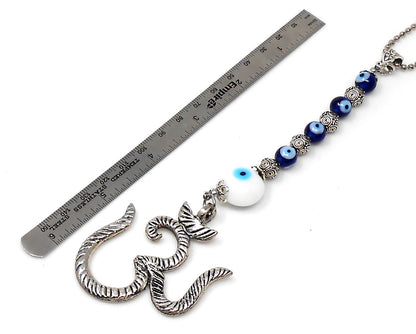 OM | Evil Eye Protection | Antique Silver Plated | Car Rearview Mirror Ornament | Good Luck | Positive Vibes | Positive Vibrations