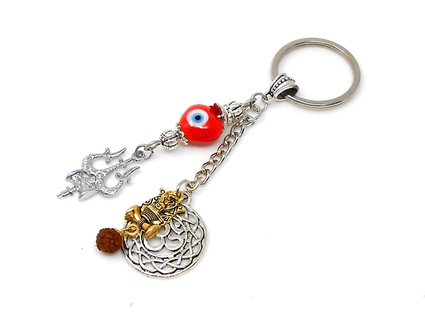 OM & Har Har Mahadev Trishul Charm Evil Eye Protection Key Ring, Shiva Linga Key Ring, Hindu Key Ring, Good Luck Namaste Gift