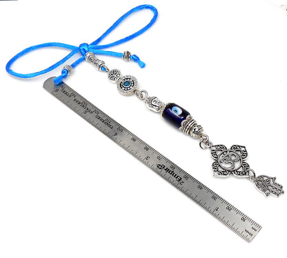 Evil Eye Protection Antique Silver Divine Om Buhhda & Hamsa Charms Car Rear view Mirror Decor Hanging, Handbag/Purse Dangler for Good Luck
