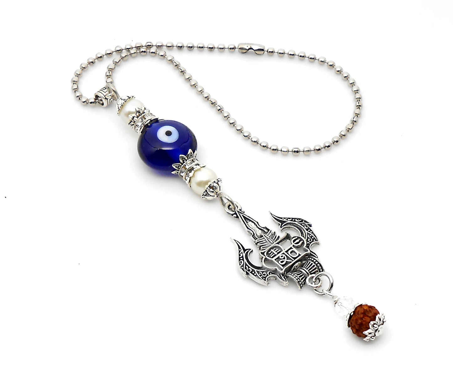 Lord Shiva Trishul Damroo & Rudraksha Evil Eye Protection Car Mirror Hanging-Mahadev Trishul Pendant Namaste Gift