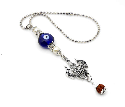 Lord Shiva Trishul Damroo & Rudraksha Evil Eye Protection Car Mirror Hanging-Mahadev Trishul Pendant Namaste Gift
