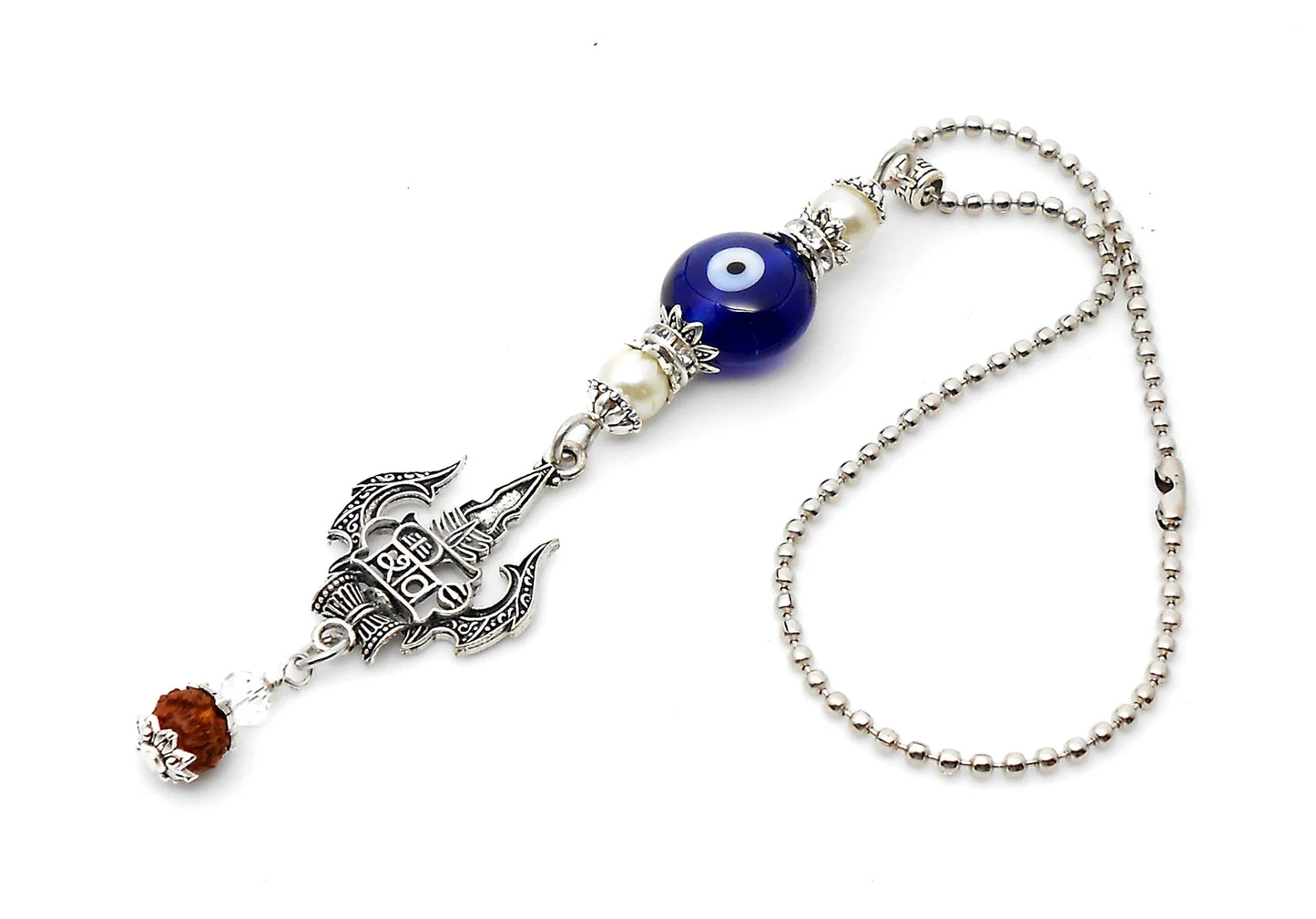 Lord Shiva Trishul Damroo & Rudraksha Evil Eye Protection Car Mirror Hanging-Mahadev Trishul Pendant Namaste Gift