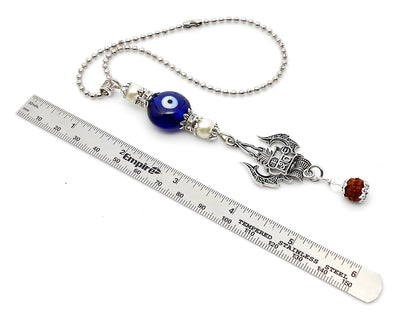 Lord Shiva Trishul Damroo & Rudraksha Evil Eye Protection Car Mirror Hanging-Mahadev Trishul Pendant Namaste Gift