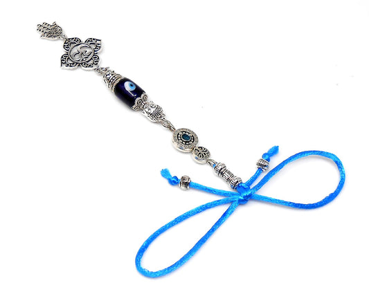 Evil Eye Protection Antique Silver Divine Om Buhhda & Hamsa Charms Car Rear view Mirror Decor Hanging, Handbag/Purse Dangler for Good Luck