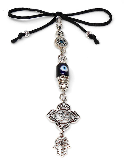 Evil Eye Protection Antique Silver Divine Om Buhhda & Hamsa Charms Car Rear view Mirror Decor Hanging, Handbag/Purse Dangler for Good Luck