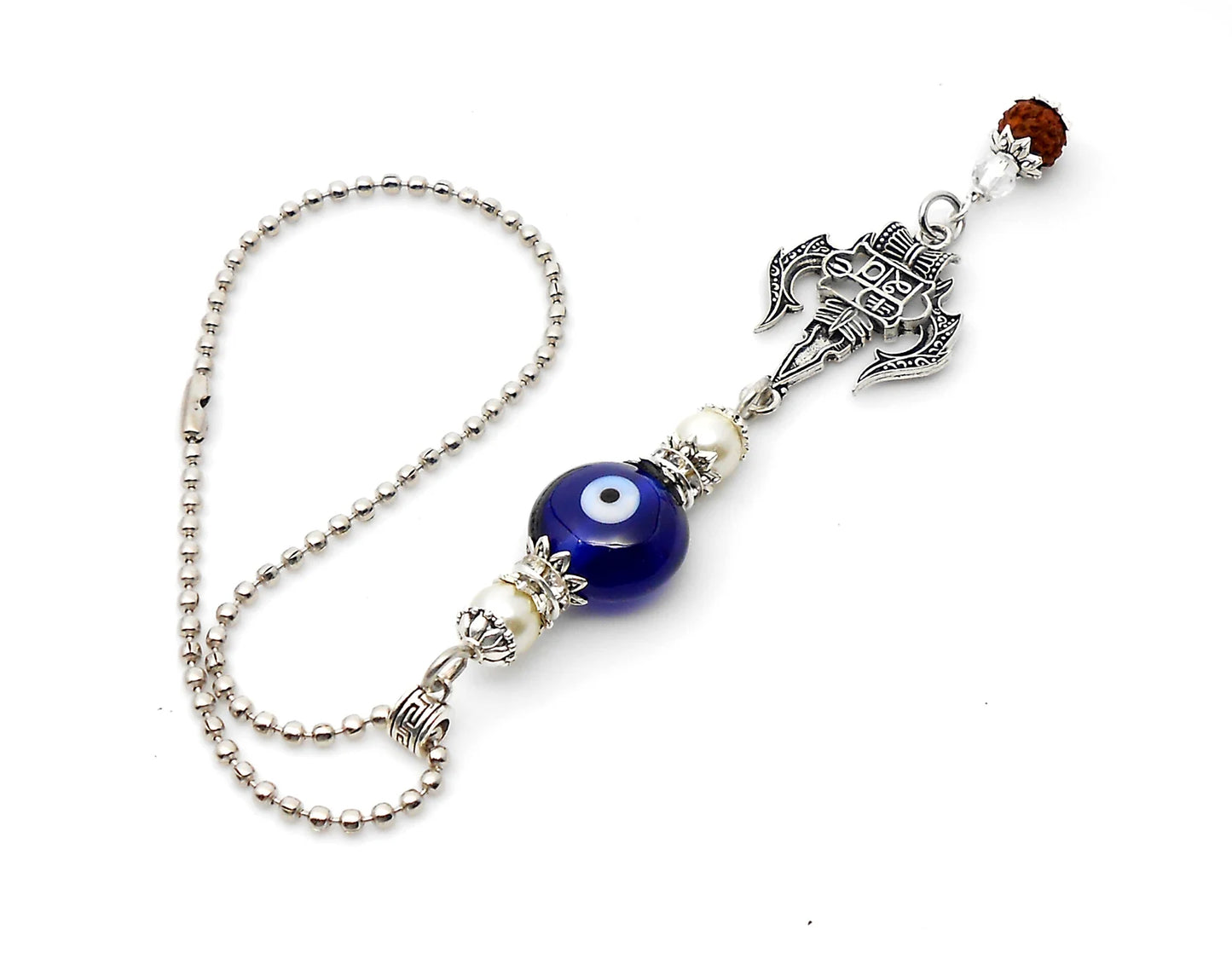 Lord Shiva Trishul Damroo & Rudraksha Evil Eye Protection Car Mirror Hanging-Mahadev Trishul Pendant Namaste Gift