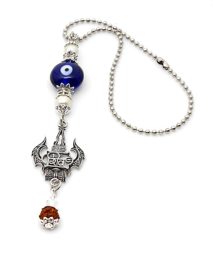 Lord Shiva Trishul Damroo & Rudraksha Evil Eye Protection Car Mirror Hanging-Mahadev Trishul Pendant Namaste Gift