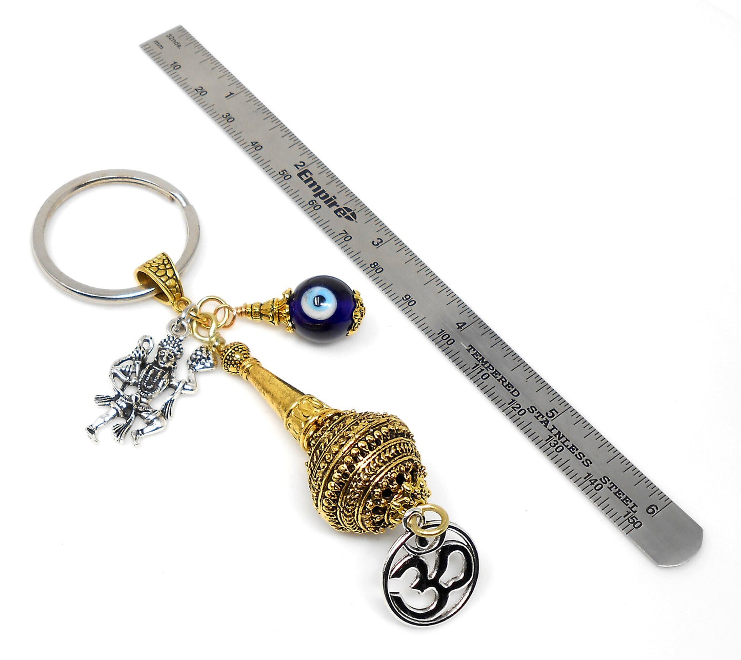Handcrafted Hanuman ji ke Gada Charm & Evil Eye Protection Blue Glass Bead-Rare to Find Combination in Key Ring for Home/Car/Office/Business