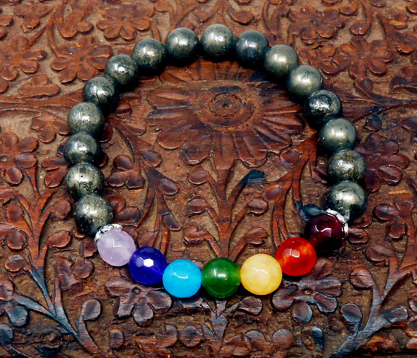 Seven Chakra Pyrite & Agate 8mm Natural Stone Beads Bracelet | Pyrite Natural Stone Bead 8mm | Stretchable Healing Bracelet for Unisex