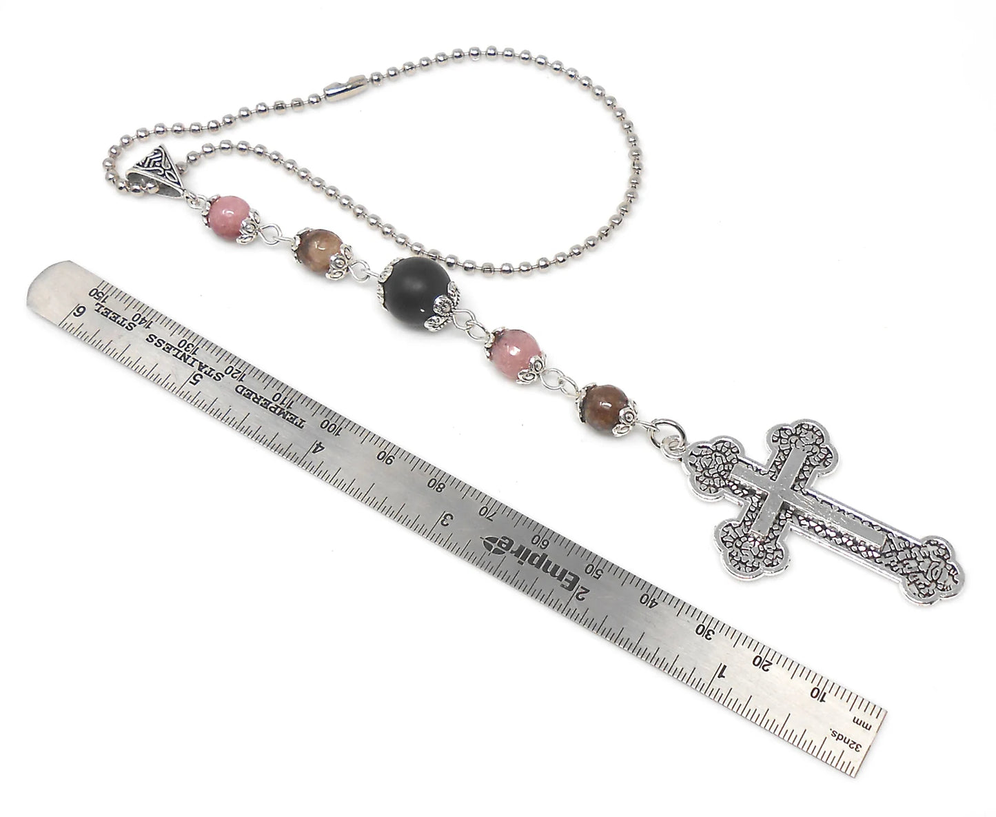 Holy Cross Pendant | Natural Stone Beads | Antique Silver Plated | Car Rearview Mirror Ornament | Blessings & Peace | Faith | Hope