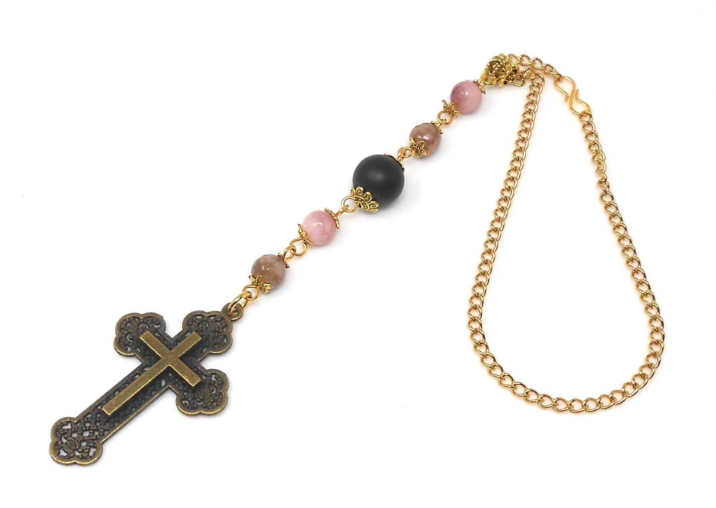 Holy Cross Pendant | Natural Stone Beads | Antique Silver Plated | Car Rearview Mirror Ornament | Blessings & Peace | Faith | Hope