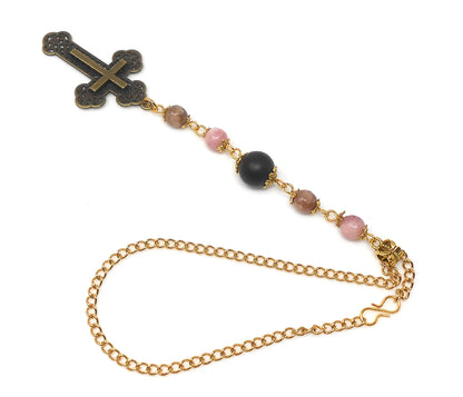 Holy Cross Pendant | Natural Stone Beads | Antique Silver Plated | Car Rearview Mirror Ornament | Blessings & Peace | Faith | Hope