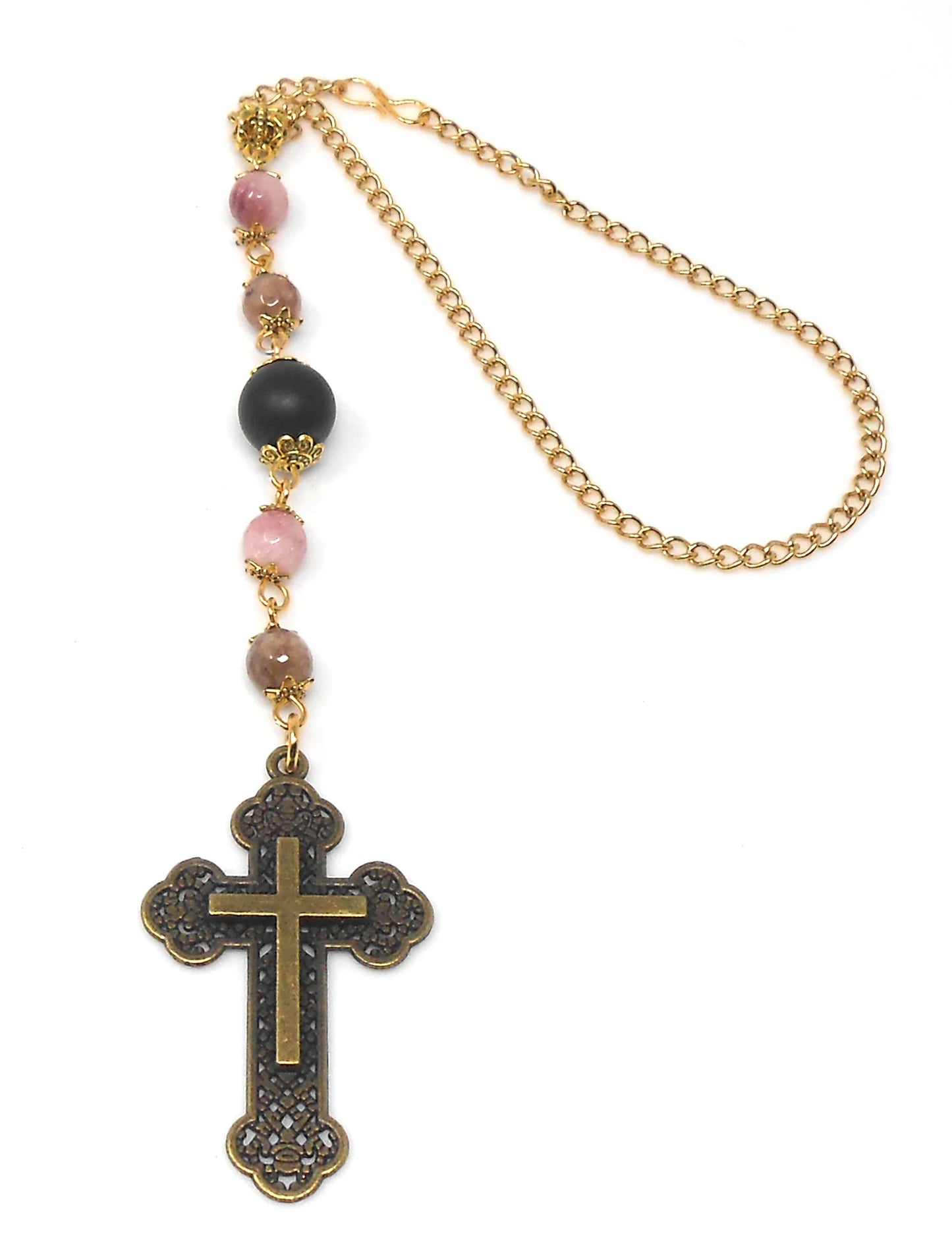 Holy Cross Pendant | Natural Stone Beads | Antique Silver Plated | Car Rearview Mirror Ornament | Blessings & Peace | Faith | Hope