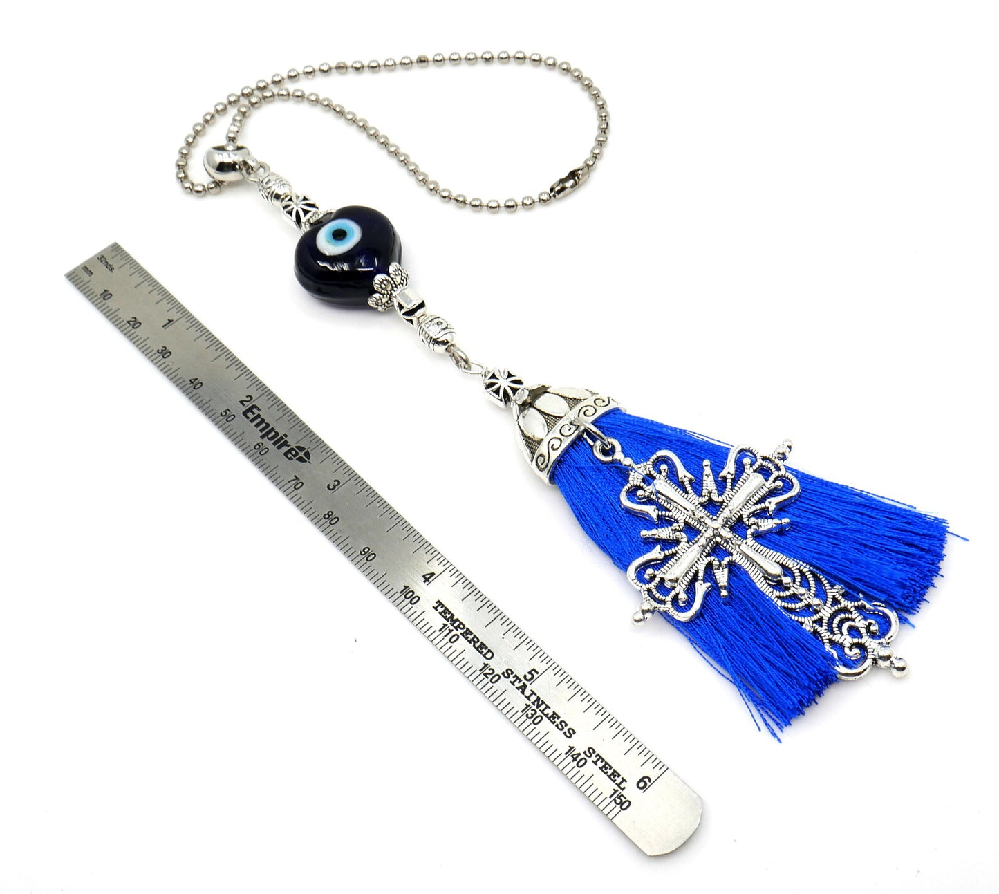 Holy Cross Pendant | Evil Eye Protection Blue Glass Beads Car Rearview Mirror Ornament Hanging | New Driver / Car Gift