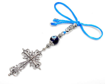 Holy Cross Pendant | Evil Eye Protection Blue Glass Beads Car Rearview Mirror Ornament Hanging | New Driver / Car Gift