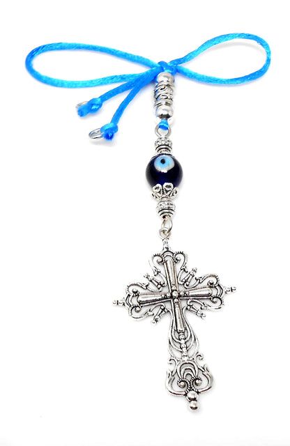 Holy Cross Pendant | Evil Eye Protection Blue Glass Beads Car Rearview Mirror Ornament Hanging | New Driver / Car Gift