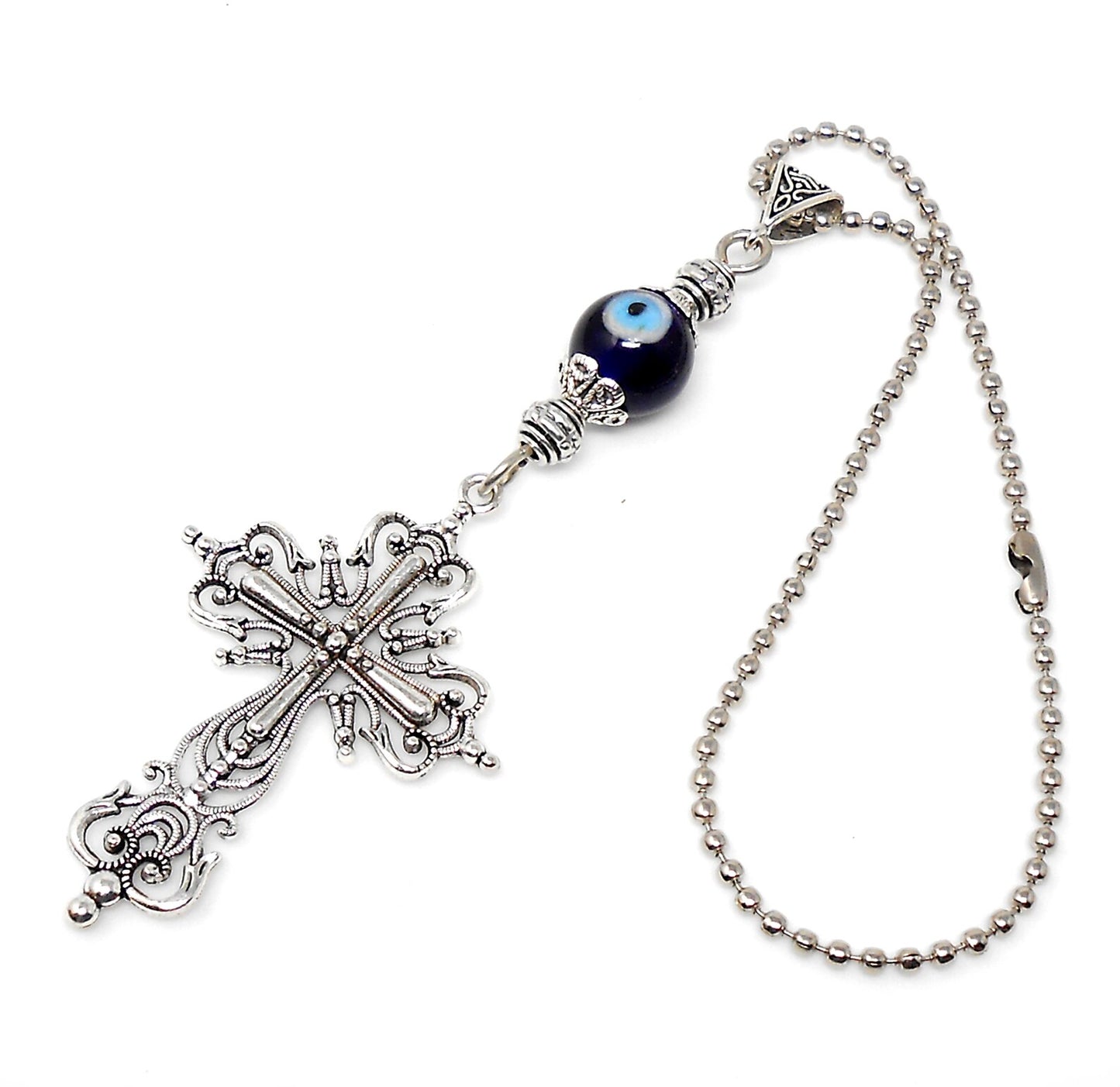 Holy Cross Pendant | Evil Eye Protection Blue Glass Beads Car Rearview Mirror Ornament Hanging | New Driver / Car Gift