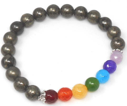 Seven Chakra Pyrite & Agate 8mm Natural Stone Beads Bracelet | Pyrite Natural Stone Bead 8mm | Stretchable Healing Bracelet for Unisex