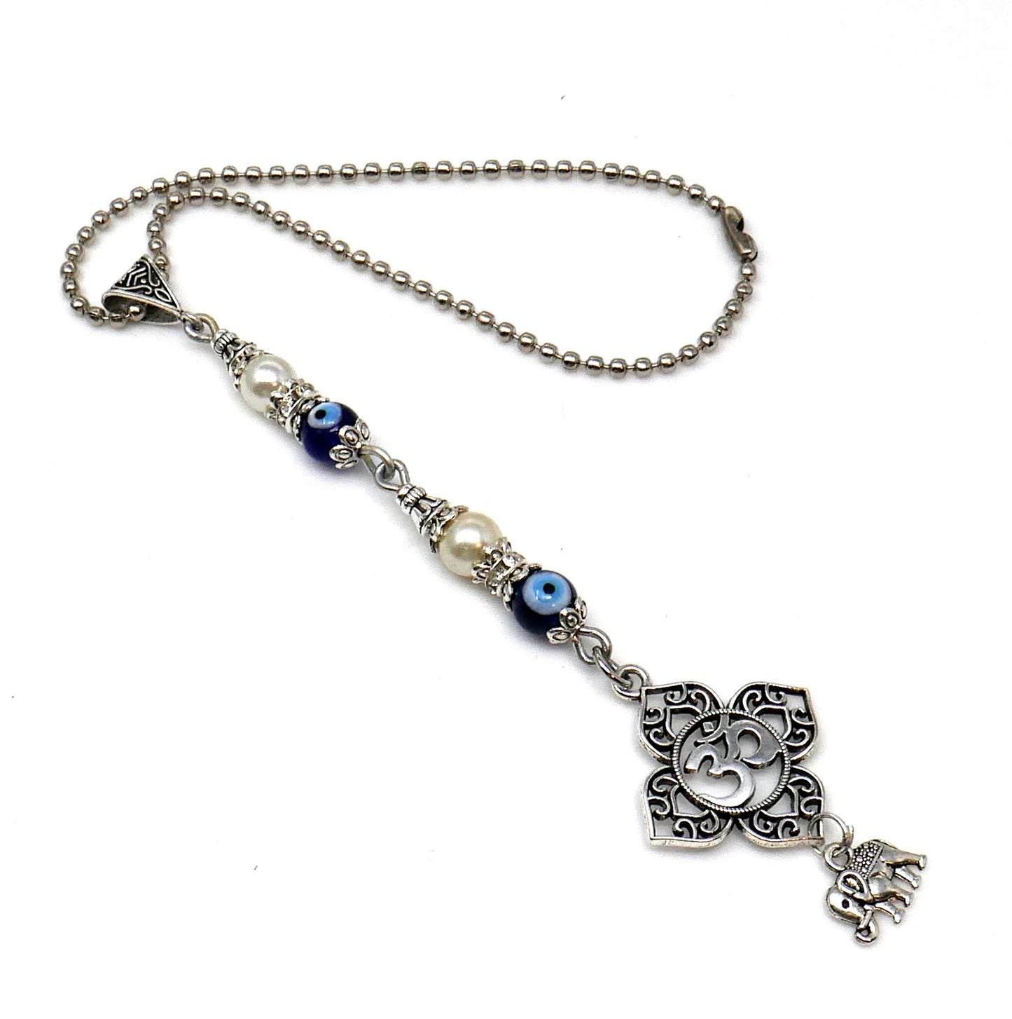 OM, Evil Eye Protection OM Lucky UpTrunk Elephant Charm Car Turck SUV Van Rear View Mirror Décor Ornament Hanging, Yoga Meditation Accessory