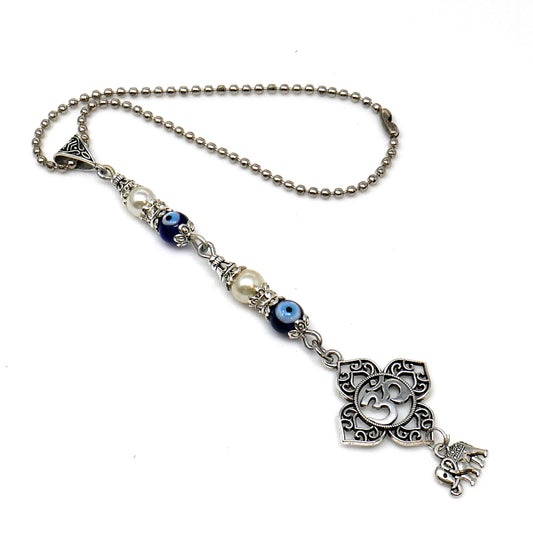 OM, Evil Eye Protection OM Lucky UpTrunk Elephant Charm Car Turck SUV Van Rear View Mirror Décor Ornament Hanging, Yoga Meditation Accessory