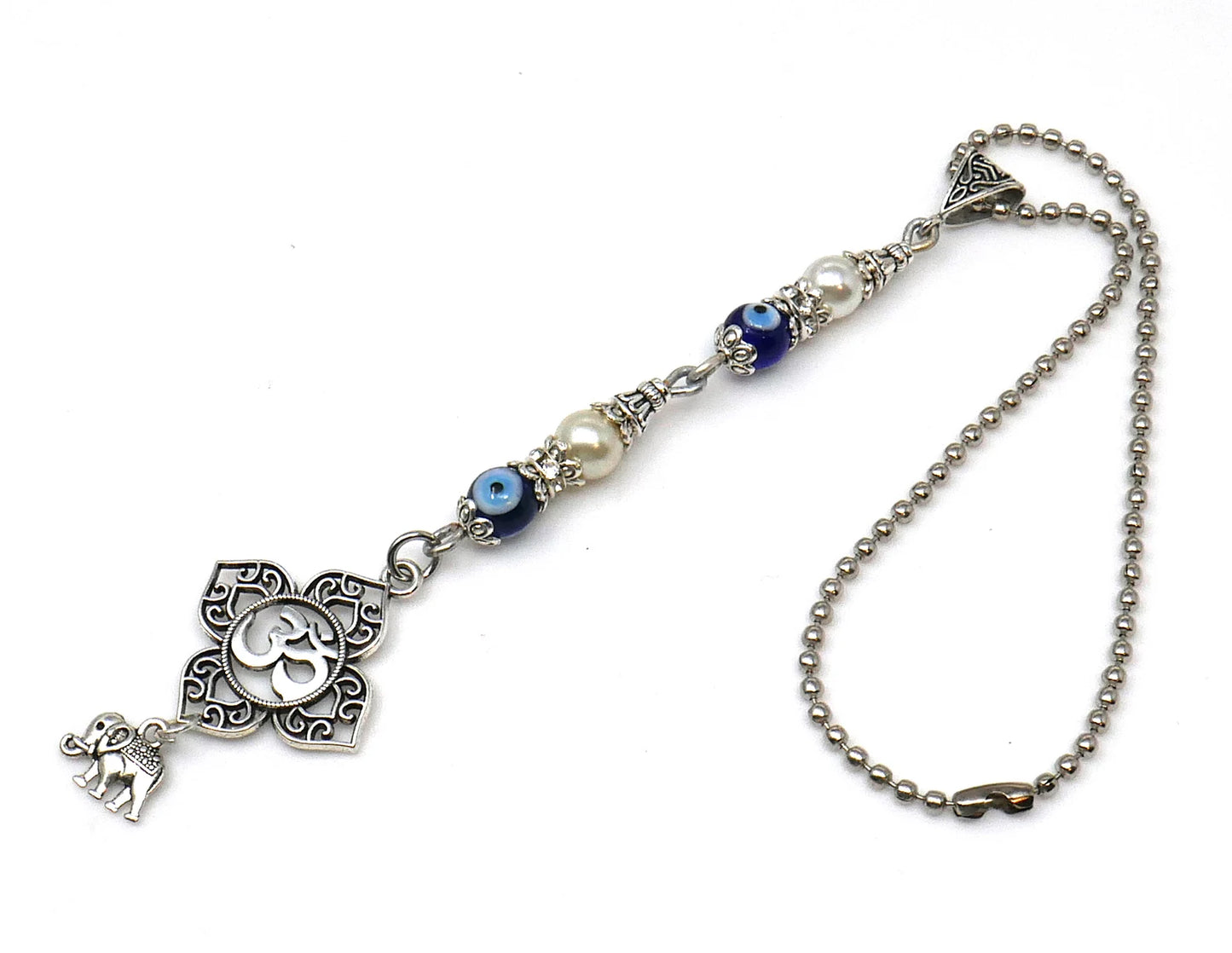 OM, Evil Eye Protection OM Lucky UpTrunk Elephant Charm Car Turck SUV Van Rear View Mirror Décor Ornament Hanging, Yoga Meditation Accessory