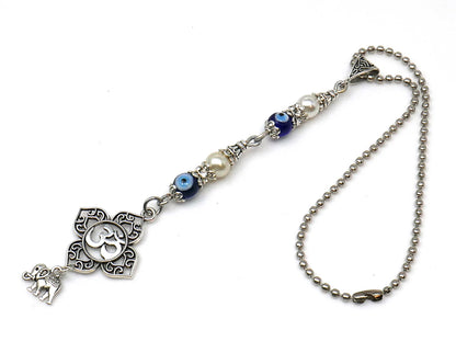 OM, Evil Eye Protection OM Lucky UpTrunk Elephant Charm Car Turck SUV Van Rear View Mirror Décor Ornament Hanging, Yoga Meditation Accessory
