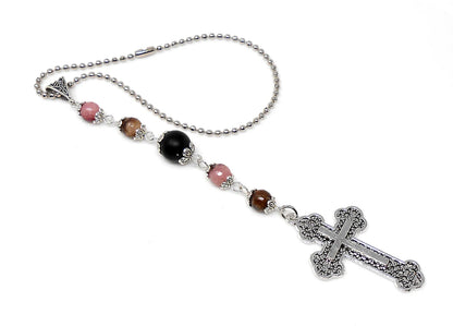 Holy Cross Pendant | Natural Stone Beads | Antique Silver Plated | Car Rearview Mirror Ornament | Blessings & Peace | Faith | Hope