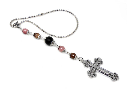 Holy Cross Pendant | Natural Stone Beads | Antique Silver Plated | Car Rearview Mirror Ornament | Blessings & Peace | Faith | Hope