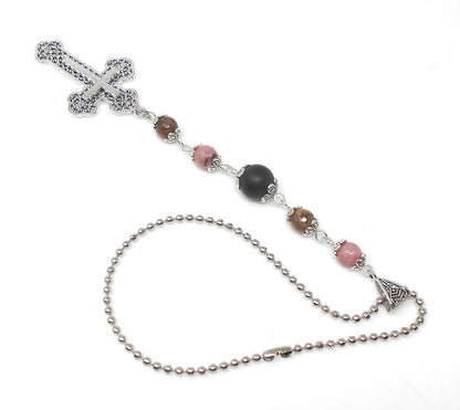 Holy Cross Pendant | Natural Stone Beads | Antique Silver Plated | Car Rearview Mirror Ornament | Blessings & Peace | Faith | Hope