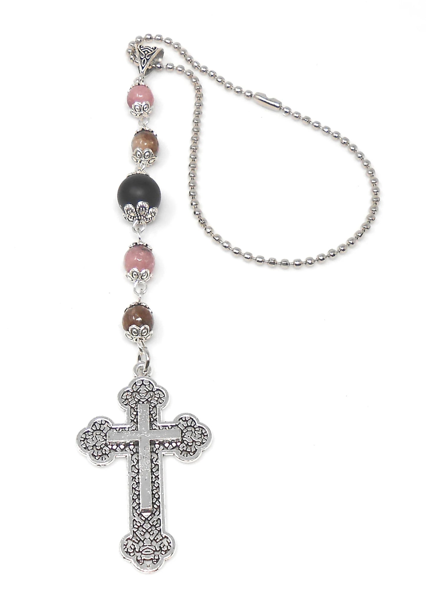 Holy Cross Pendant | Natural Stone Beads | Antique Silver Plated | Car Rearview Mirror Ornament | Blessings & Peace | Faith | Hope