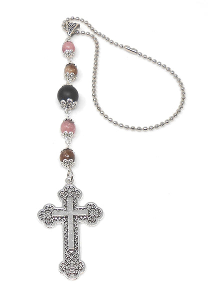 Holy Cross Pendant | Natural Stone Beads | Antique Silver Plated | Car Rearview Mirror Ornament | Blessings & Peace | Faith | Hope