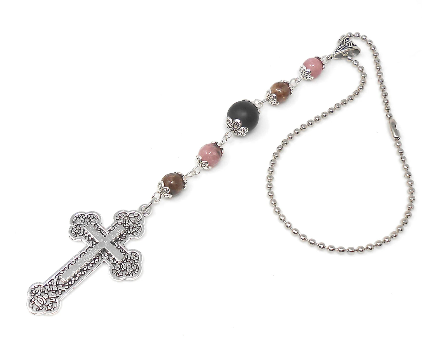 Holy Cross Pendant | Natural Stone Beads | Antique Silver Plated | Car Rearview Mirror Ornament | Blessings & Peace | Faith | Hope