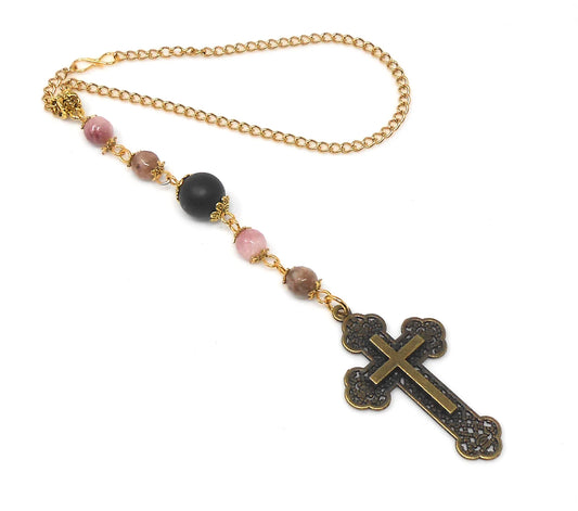 Holy Cross Pendant | Natural Stone Beads | Antique Silver Plated | Car Rearview Mirror Ornament | Blessings & Peace | Faith | Hope
