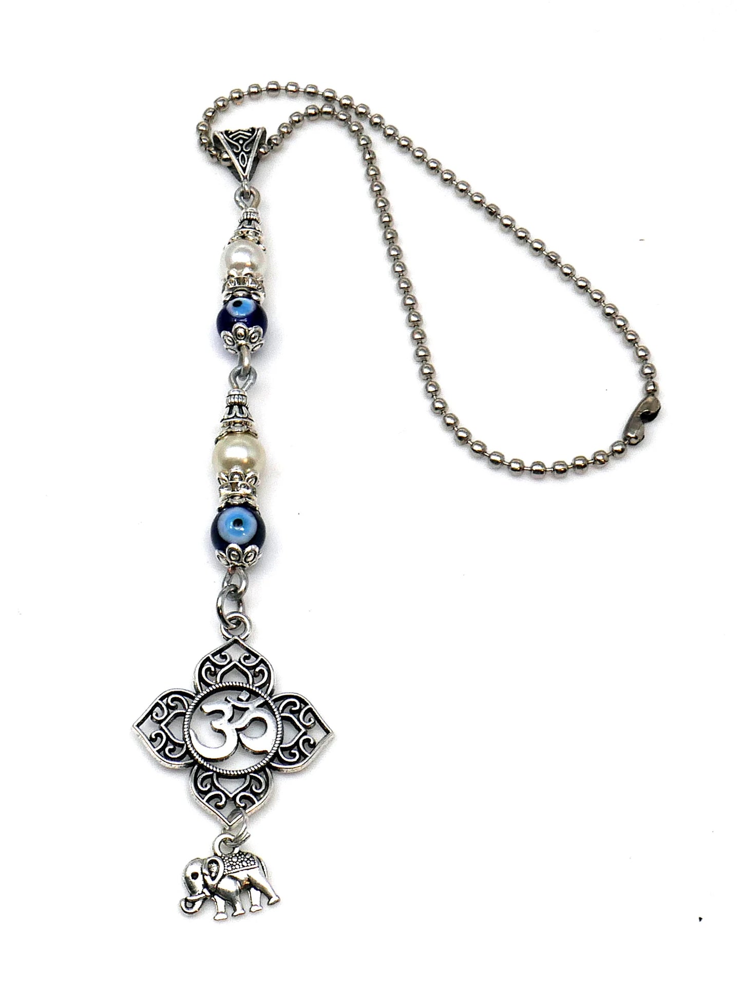 OM, Evil Eye Protection OM Lucky UpTrunk Elephant Charm Car Turck SUV Van Rear View Mirror Décor Ornament Hanging, Yoga Meditation Accessory