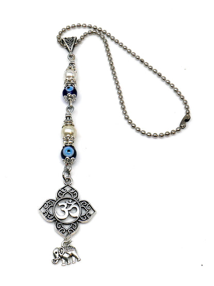 OM, Evil Eye Protection OM Lucky UpTrunk Elephant Charm Car Turck SUV Van Rear View Mirror Décor Ornament Hanging, Yoga Meditation Accessory