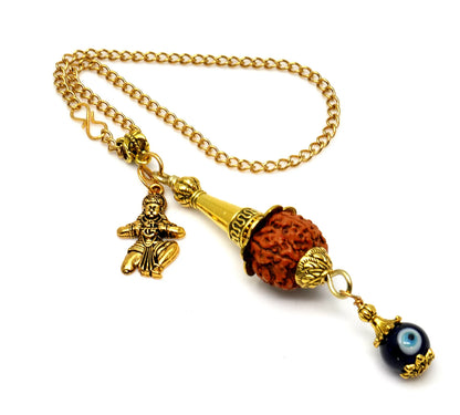 Hanumanji Kavach Amulet Keyring or Car hanging, Rudraksha Evil Eye Protection, Hindu Spiritual Jewelry, Religious Talisman for Blessings