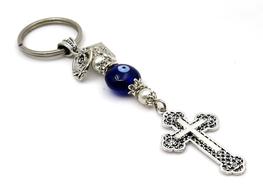 Holy Cross Pendant Key Ring | Blue Glass Beads | Evil Eye Protection Key Ring/Key Chain | Blessings | Hope Faith Believe Protection |