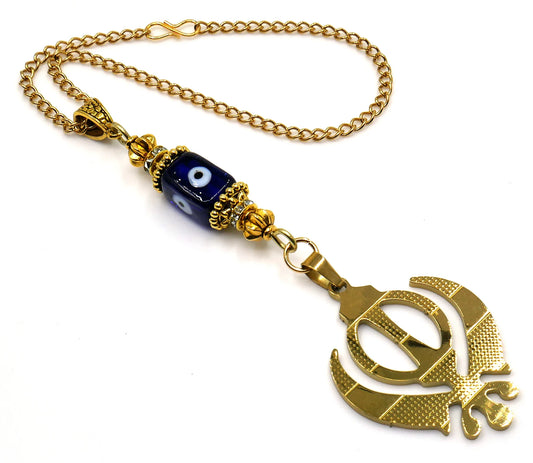 Evil Eye Protection Punjabi Khalsa Sikh Kaur Khanda Sahib ji (Sikh Faith) Gold Plated Car Mirror Hanging, Sikh Religious Khanda Décor