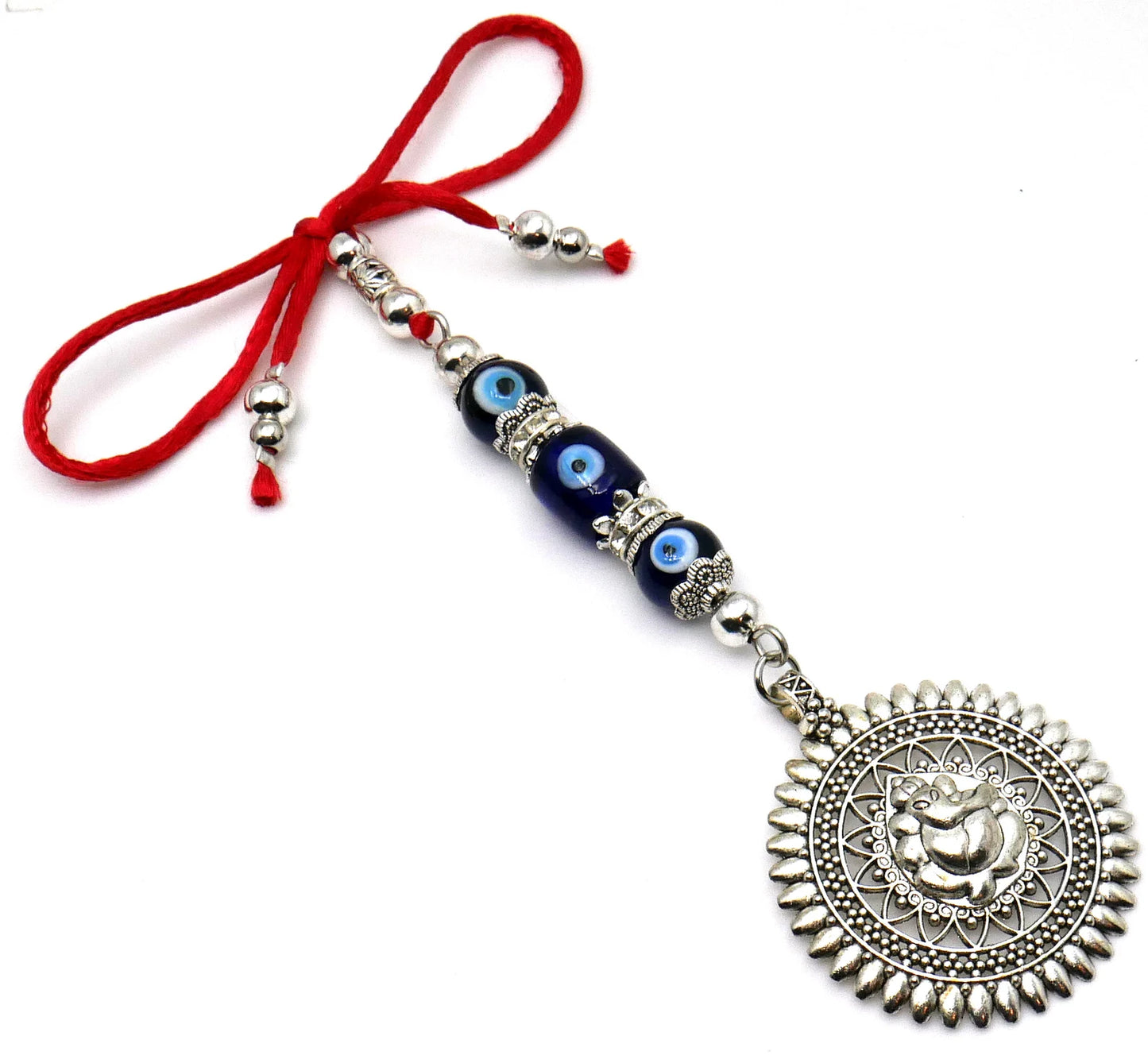 Ganesha | Evil Eye Protection | 3 Evil Eye Beads Car Rearview Mirror Ornament | Good Luck | Happiness | Good Fortune | Success | Prosperity