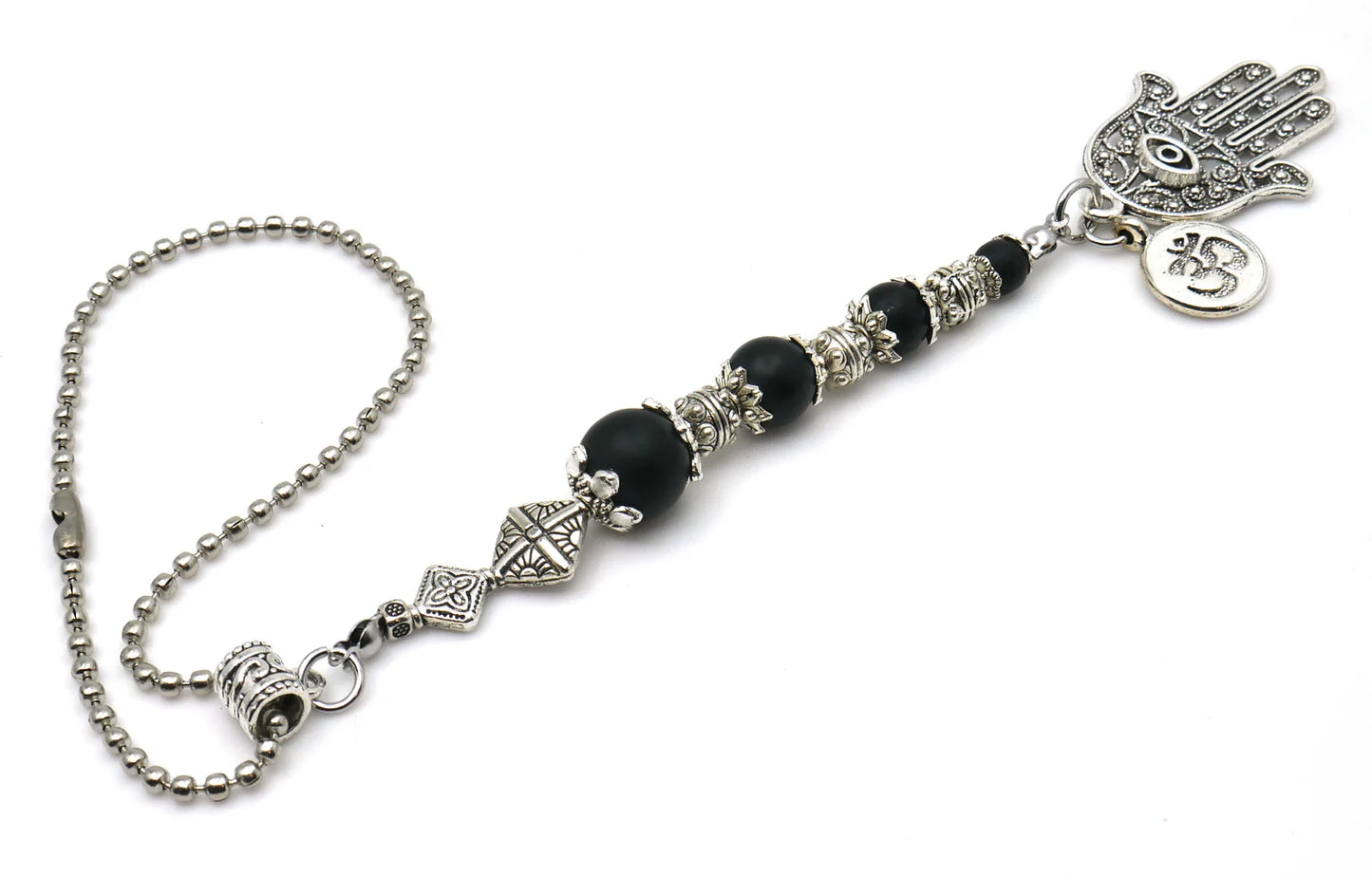 Evil Eye Protection | Hamsa Hand Hand of Fatima | OM | 4 Natural Black Nazar Bead | Car Rearview Mirror Ornament | Good Luck & Positive Vibe
