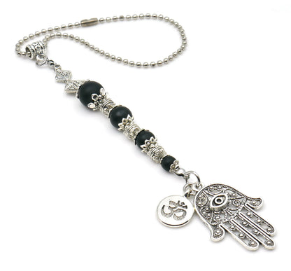 Evil Eye Protection | Hamsa Hand Hand of Fatima | OM | 4 Natural Black Nazar Bead | Car Rearview Mirror Ornament | Good Luck & Positive Vibe